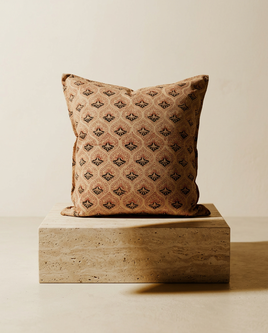 Cuscino Ogee Sabbia – Cotone block-print Bagru, federa sfoderabile