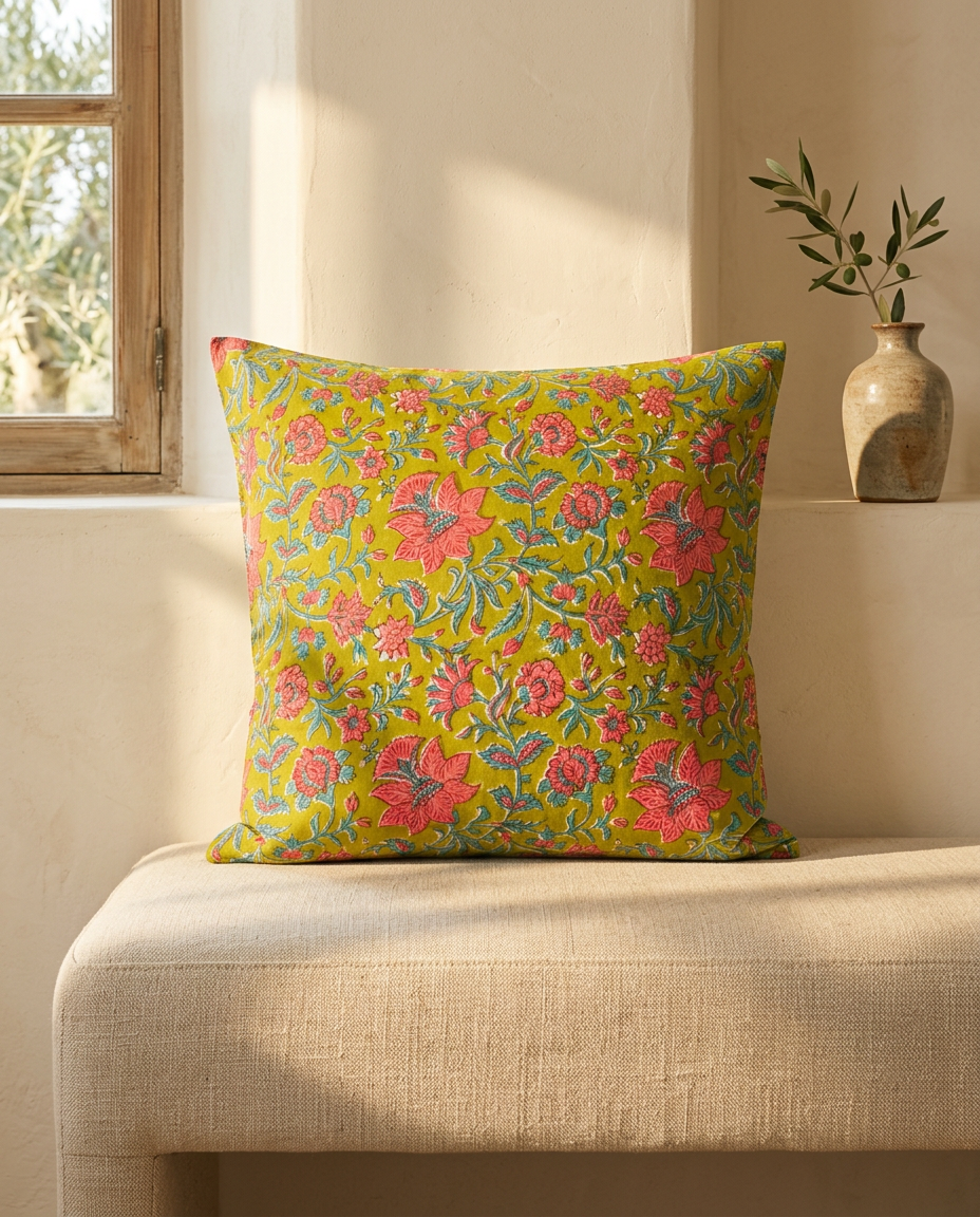 Cuscino Lime & Corallo – Cotone block-print, federa sfoderabile, imbottitura inclusa