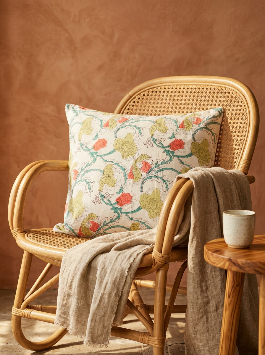 Cuscino Papavero Acqua – Cotone block-print Bagru, federa sfoderabile