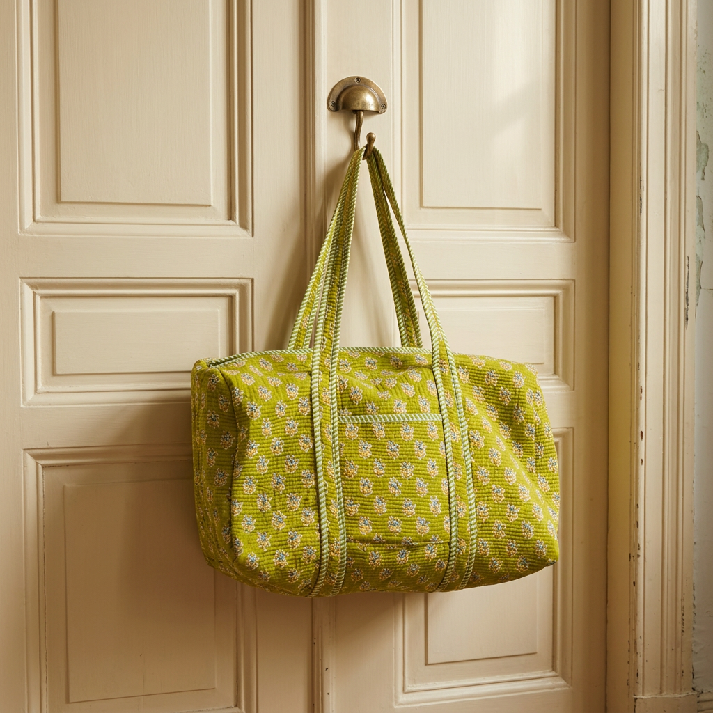 Weekender Chartreuse Buti – Cotone block-print, manici in pelle, tracolla regolabile