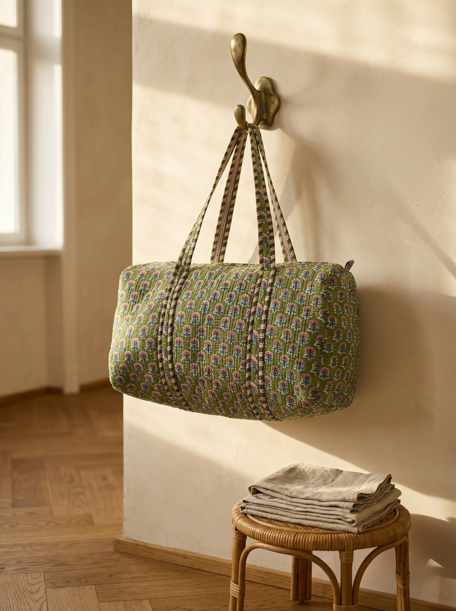 Weekender Bosco Buti – Cotone block-print, manici in pelle, tracolla regolabile