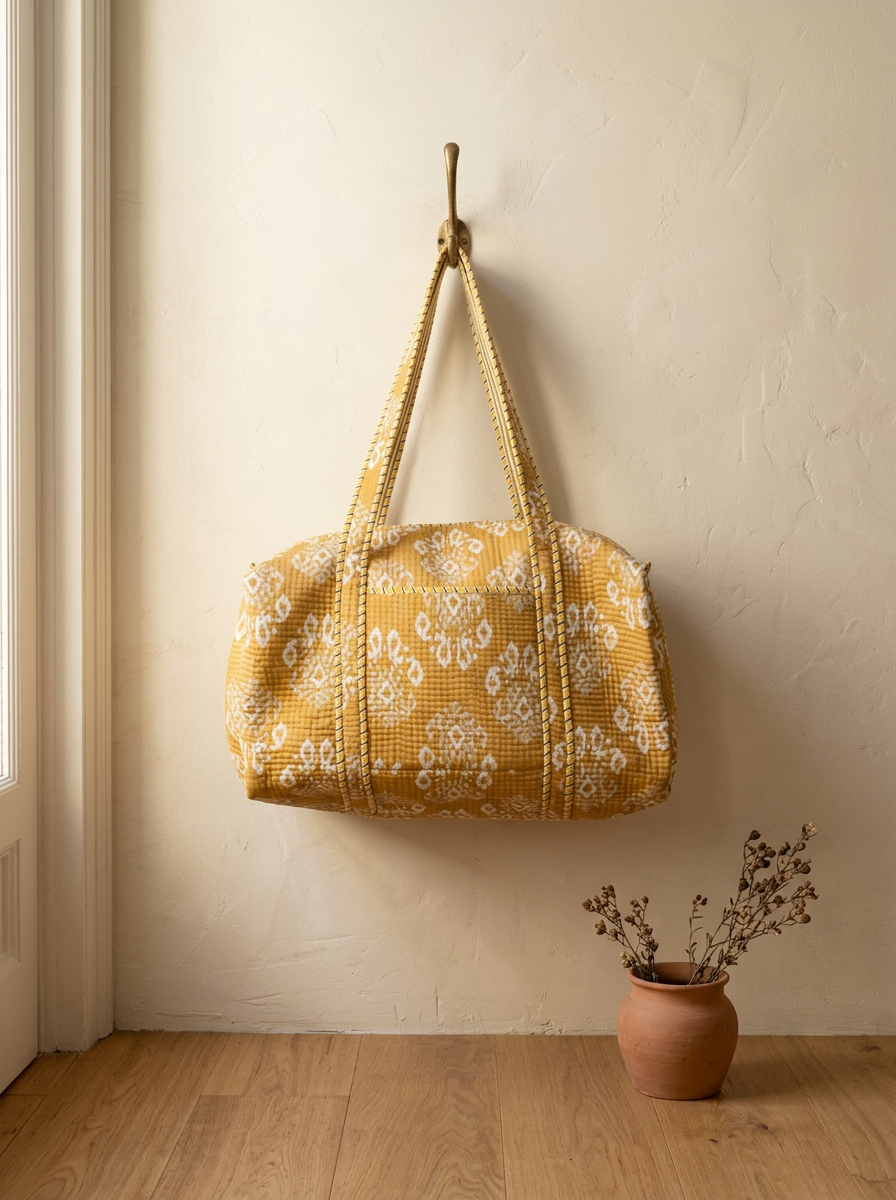 Weekender Ocra Ikat – Cotone ikat, manici in pelle, tracolla regolabile
