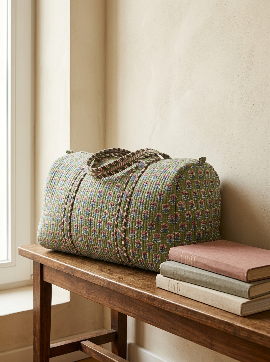 Weekender Salvia Buti – Cotone block-print, manici in pelle, tracolla regolabile