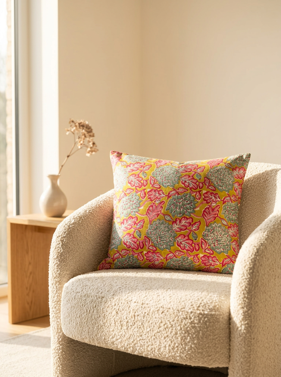 Cuscino Senape & Rosa – Cotone block-print, federa sfoderabile, imbottitura inclusa