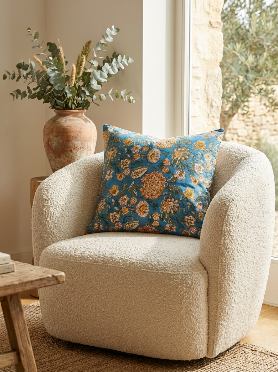 Cuscino Azzurro Fiorito – Cotone block-print, federa sfoderabile