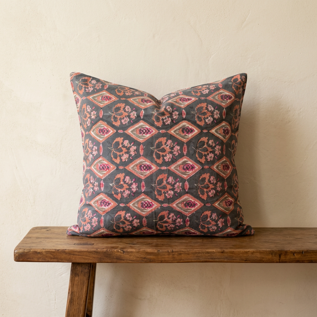 Cuscino Antracite Mughal – Cotone block-print, federa sfoderabile, imbottitura inclusa