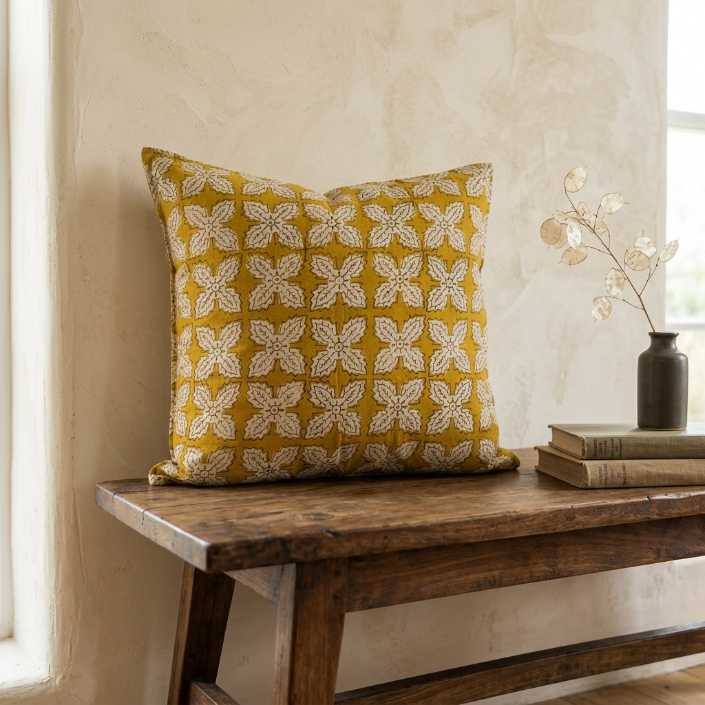Cuscino Senape Foglie – Cotone block-print, federa sfoderabile