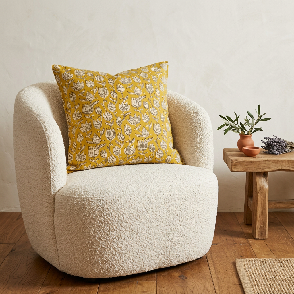 Cuscino Senape Tulipani – Cotone block-print, federa sfoderabile