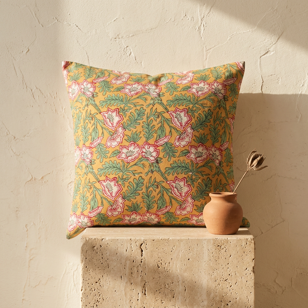 Cuscino Ocra Fiorito – Cotone block-print Bagru, federa sfoderabile