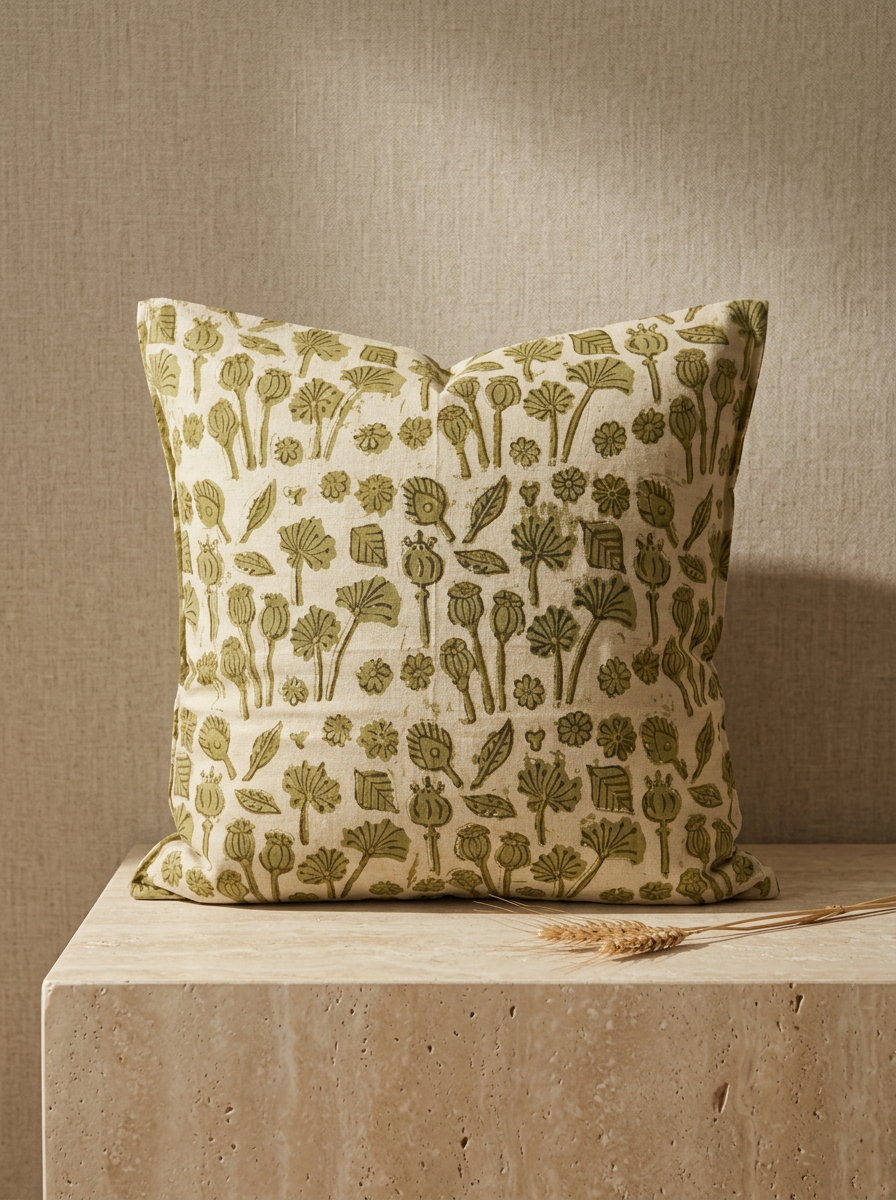 Cuscino Papaveri Oliva – Cotone block-print, federa sfoderabile