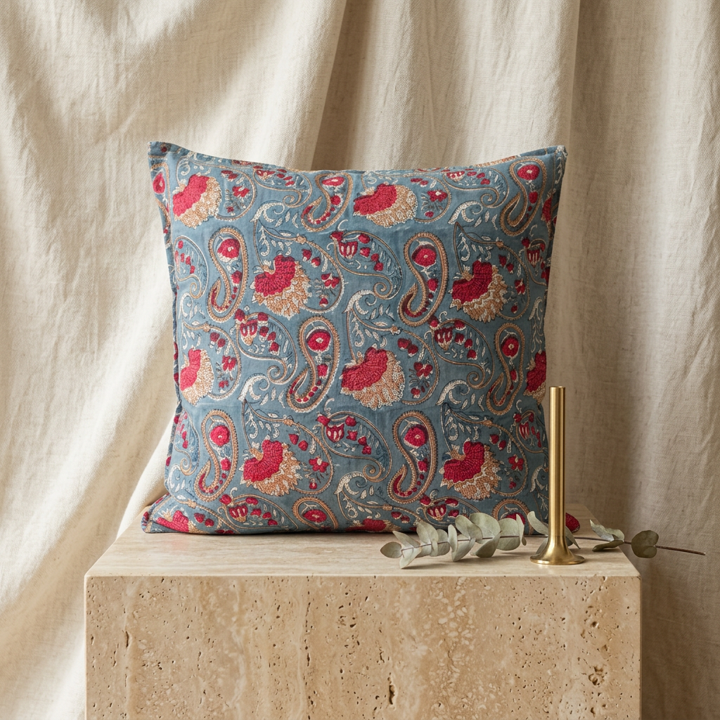 Cuscino Paisley Indaco – Cotone block-print indaco, federa sfoderabile