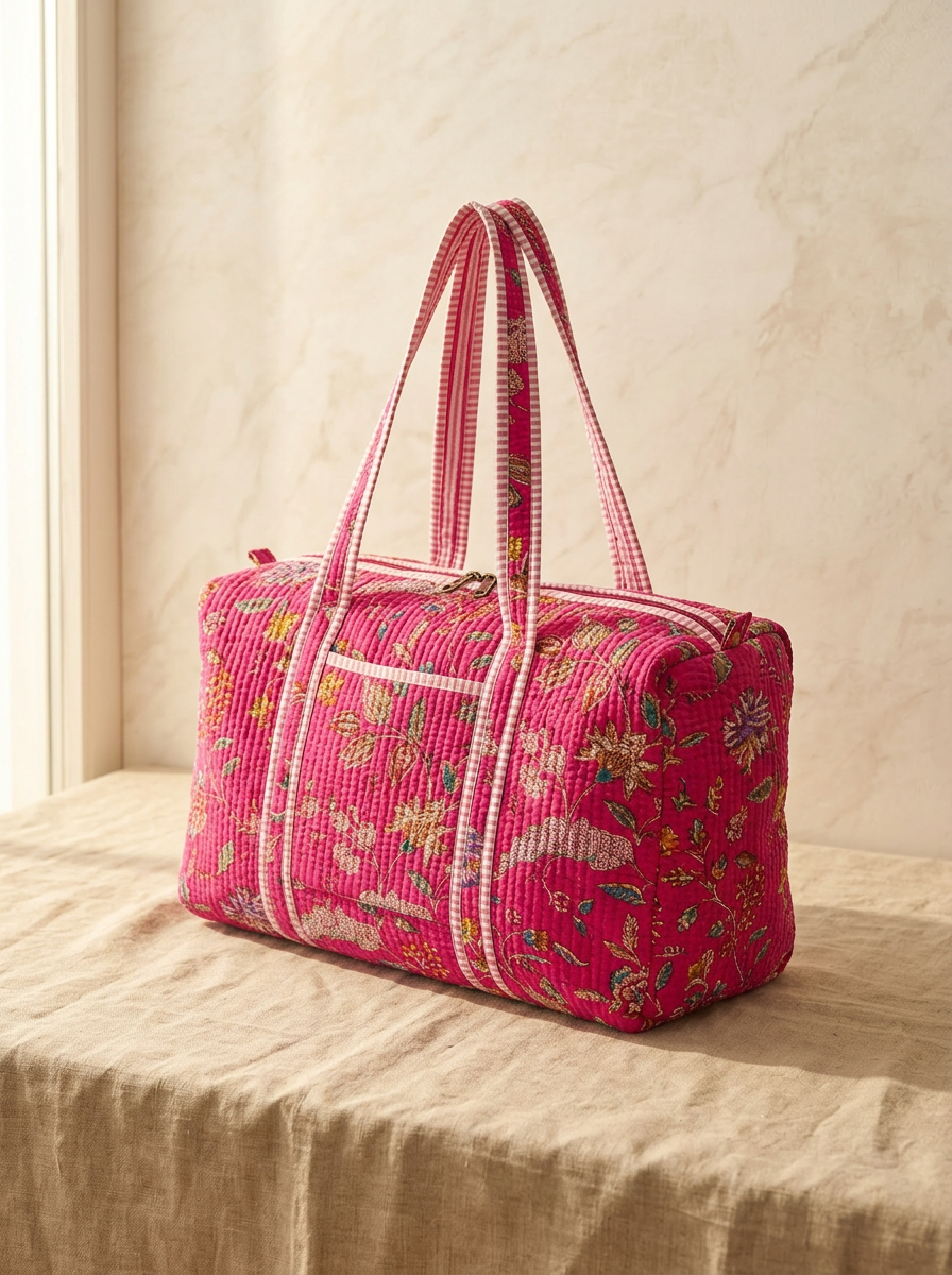 Weekender Fucsia – Cotone pesante block-print, manici e tracolla in pelle vegetale