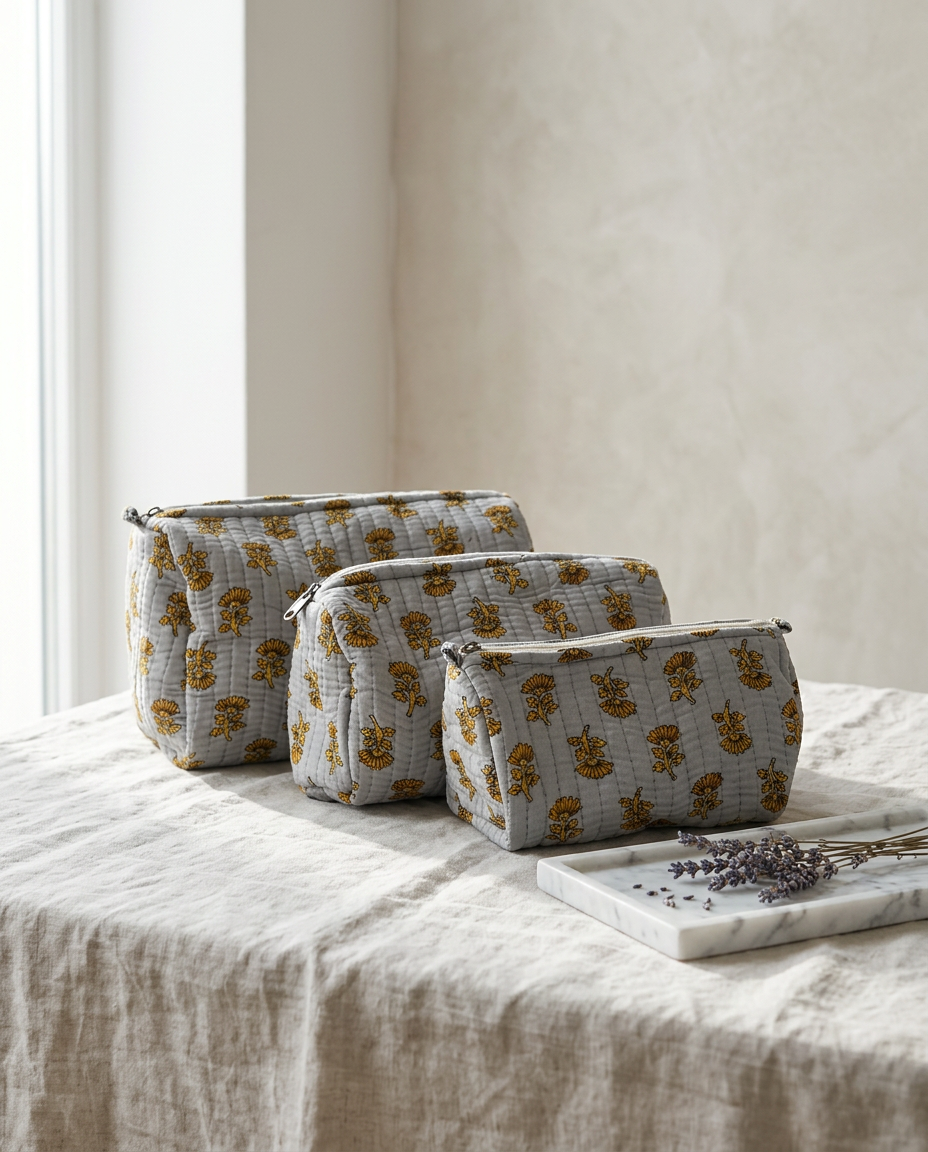 Trio Pochette Marigold – Cotone block-print, zip metallica, fodera interna