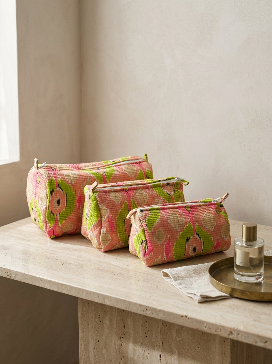 Trio Pochette Ikat Corallo – Cotone ikat, zip metallica, fodera interna