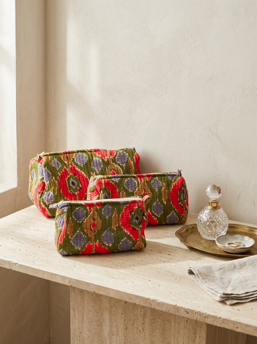 Trio Pochette Ikat Rosso – Cotone ikat, zip metallica, fodera interna