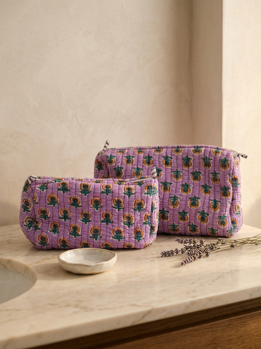 Duo Pochette Lilla Buti – Cotone block-print, zip metallica, fodera interna