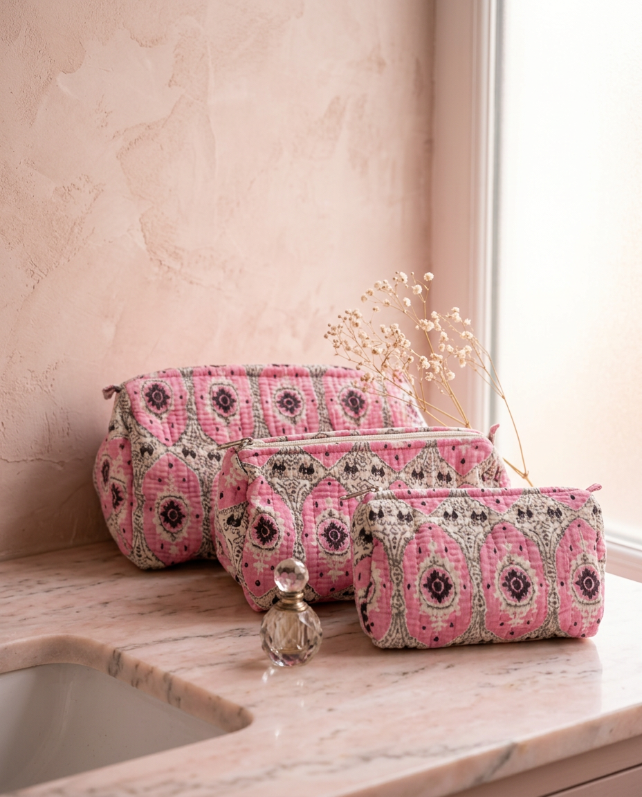 Trio Pochette Rosa Ikat – Cotone ikat, zip metallica, fodera interna