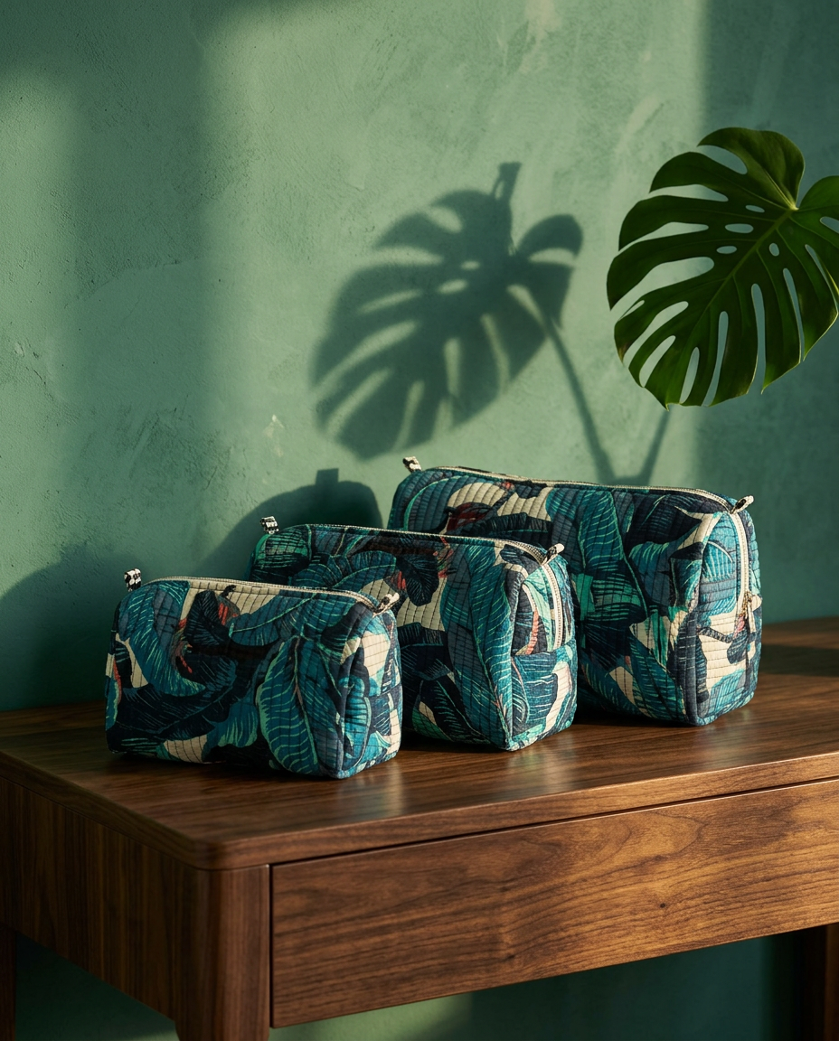 Trio Pochette Jungle – Cotone block-print, zip metallica, fodera interna