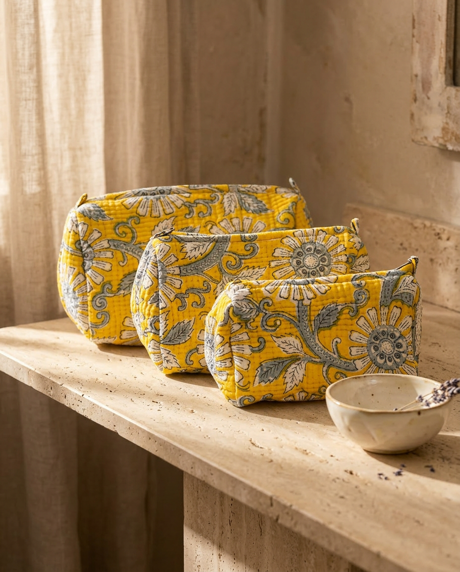 Trio Pochette Mimosa – Cotone block-print, zip metallica, fodera interna