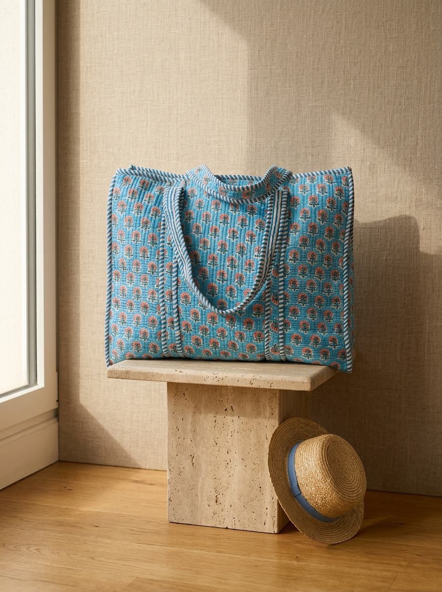 Shopper Azzurra Buti – Cotone block-print, manici lunghi, fodera interna
