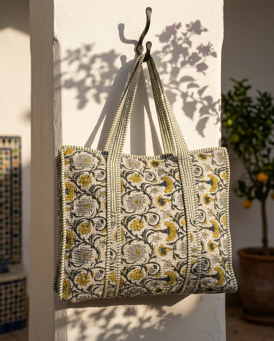 Shopper Quilted Senape – Cotone trapuntato, imbottitura interna, fodera stampata