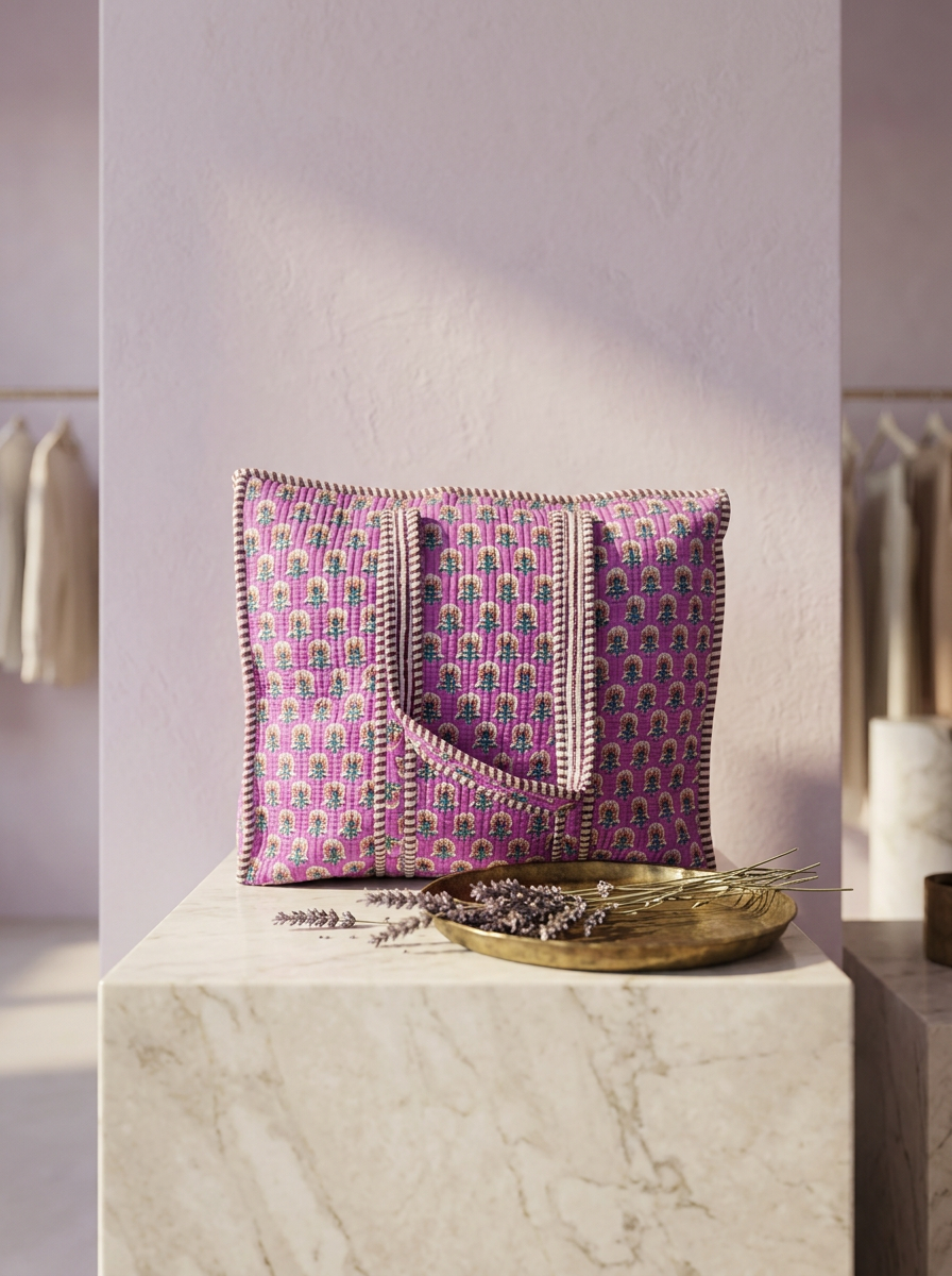 Shopper Magenta Buti – Cotone block-print Bagru, manici lunghi, fodera interna