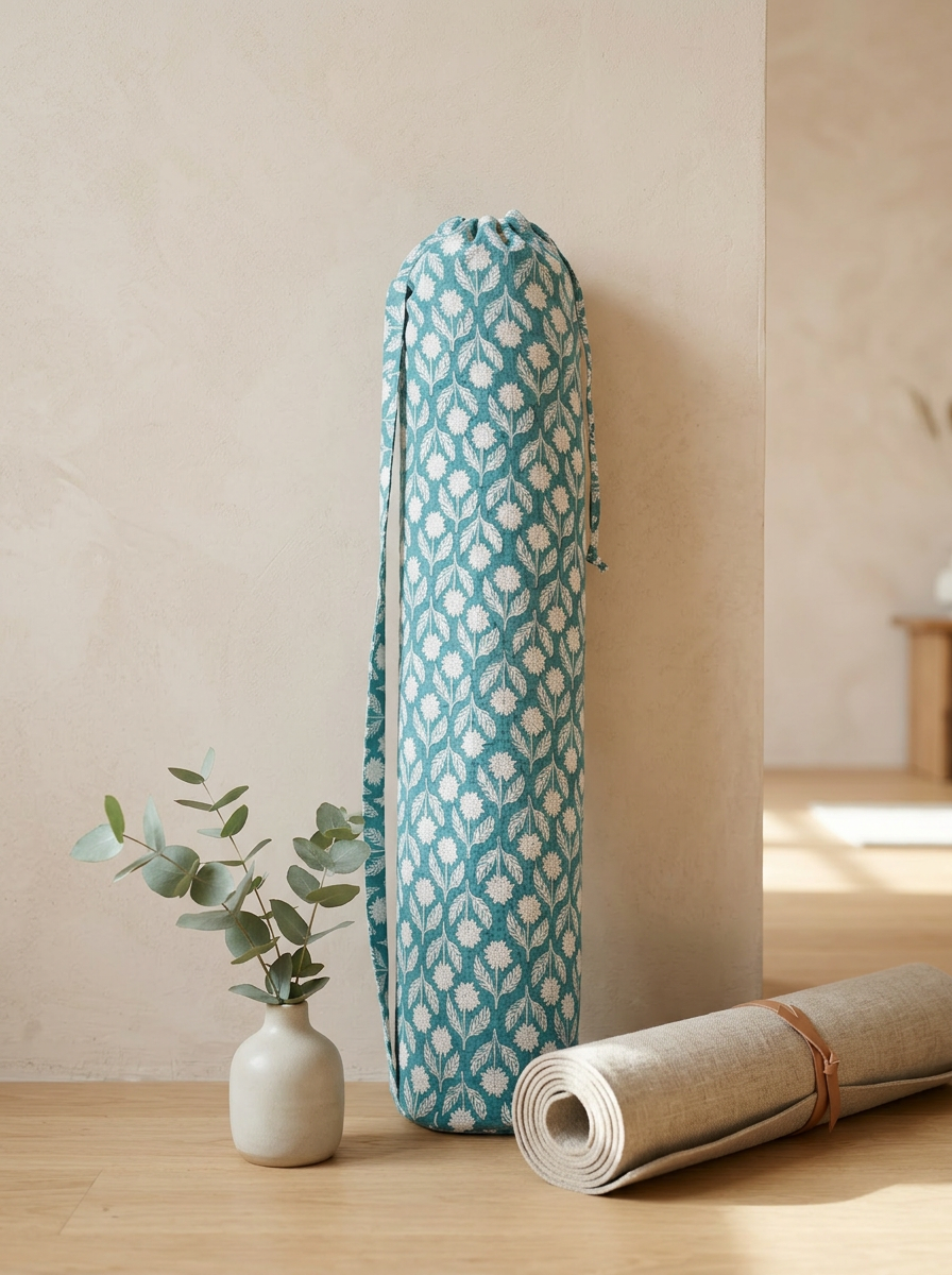 Porta Tappetino Azzurro – Cotone block-print, tracolla regolabile, chiusura a coulisse