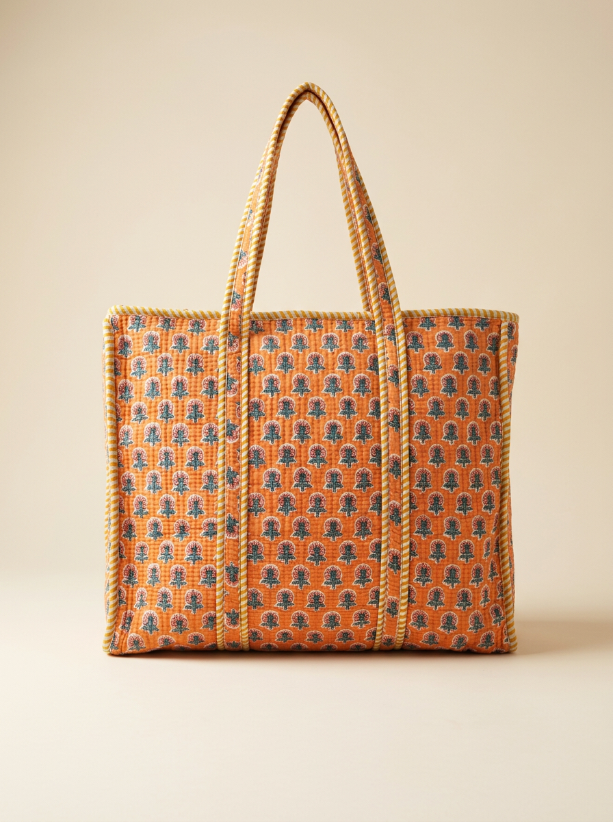 Borsa Marigold – Cotone block-print, fodera in cotone naturale, manici rinforzati